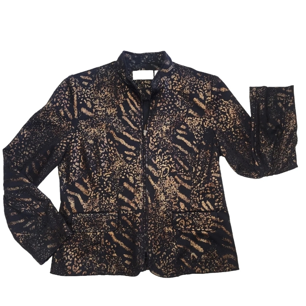 Alfred Dunner Petite Sz 6 Animal Print Metallic Gold Black Full Zip Jacket EUC